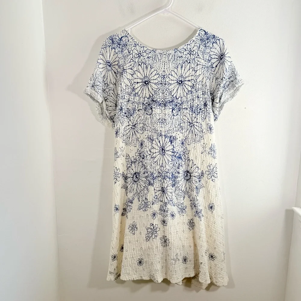 Free People Pinwheel Cream Blue Floral Print Open Back Gauze Mini Dress Medium
